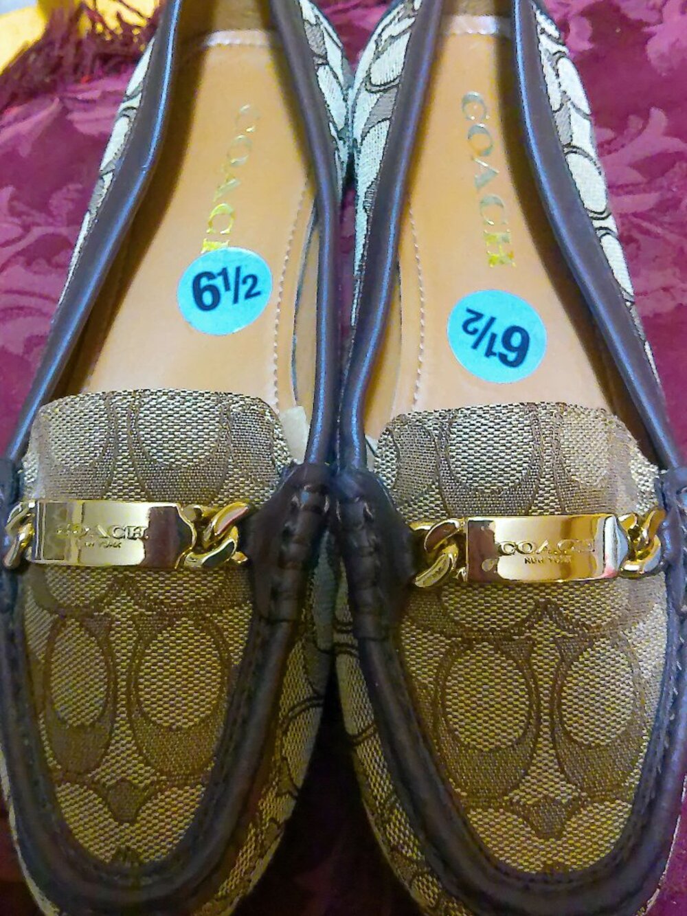 Coach Women's Brown Logo Canvas Felisha Loafers with Gold Accent, Size 6 1/2